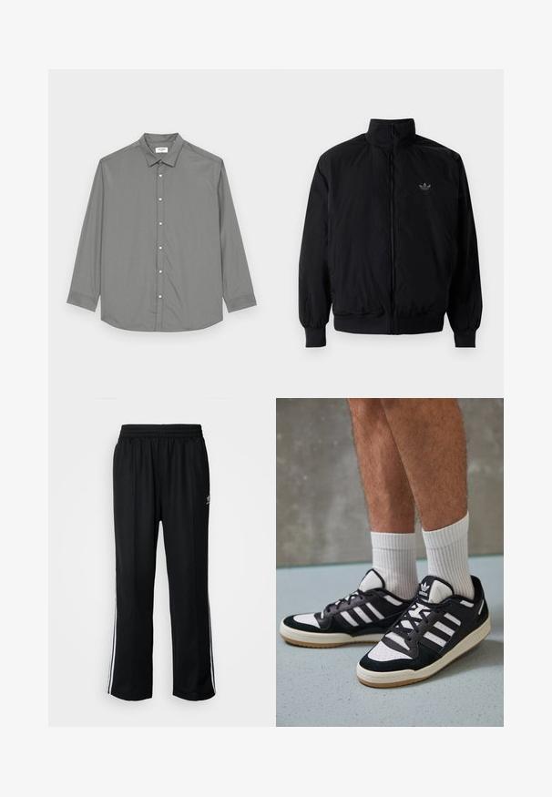 Black zipped jacket with high collar, made of lightweight material. Features elastic cuffs and waistband, with a small logo on the upper left.; Jack & Jones JJJOE PLAIN NOOS - Shirt - castor gray; Black athletic pants with an elastic waistband, featuring white side stripes and a small logo. Material appears soft and lightweight.; Black and white sneakers with a suede and leather upper, featuring three white stripes, a perforated toe, and a gum rubber sole.