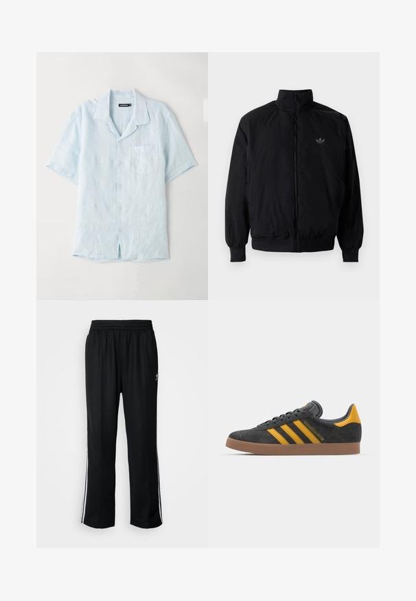 Schwarze Jacke mit Reißverschluss und hohem Kragen, aus leichtem Material gefertigt. Verfügt über elastische Bündchen und einen elastischen Saum, mit einem kleinen Logo oben links.; Helles blaues kurzärmliges Hemd aus Leinen mit Brusttasche, eingeschnittenem Kragen und relaxed Fit mit geradem Saum.; Schwarze Sporthosen mit elastischem Bund, ausgestattet mit weißen Seitenstreifen und einem kleinen Logo. Das Material wirkt weich und leicht.; Schwarze Wildledersneaker mit gelben Akzenten, ausgestattet mit drei Streifen und einer braunen Gummisohle. Enthält eine gepolsterte Zunge für zusätzlichen Komfort.