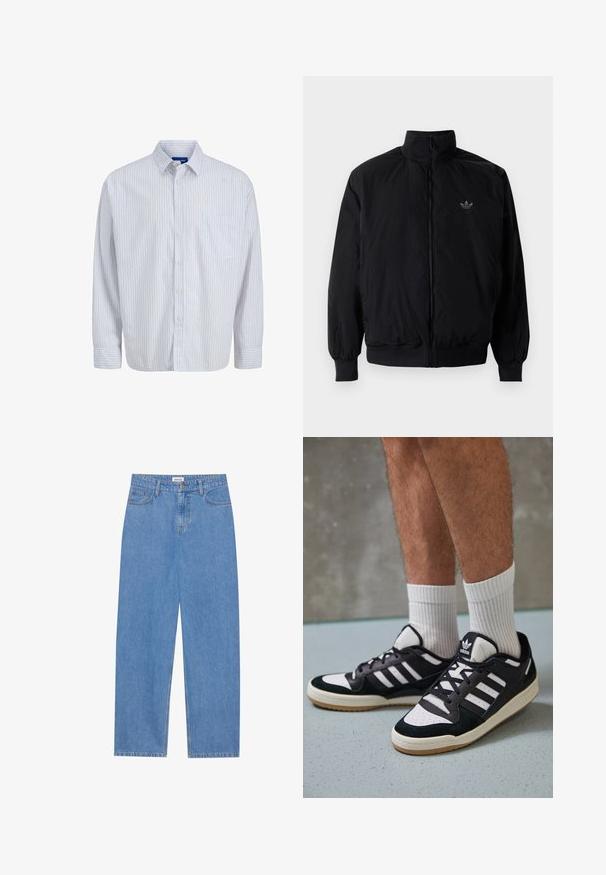 Giacca nera con zip e colletto alto, realizzata in materiale leggero. Presenta polsini e vita elastici, con un piccolo logo in alto a sinistra.; Camicia bianca a maniche lunghe con bottoni, strisce verticali rosse sottili, tasca sul petto, colletto e polsini con bottoni.; Jeans in denim azzurro chiaro con taglio dritto, design a cinque tasche, chiusura a pulsante singolo e dettagli di cucitura discreti sulle cuciture.; Sneaker bianco e nero con tomaia in suede e pelle, caratterizzati da tre strisce bianche, punta perforata e suola in gomma naturale.