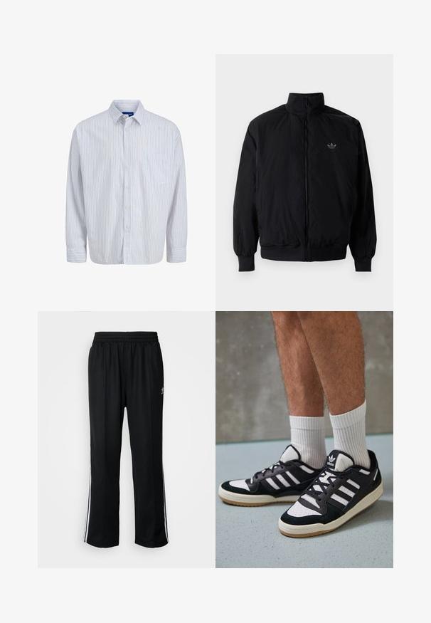 Schwarze Jacke mit Reißverschluss und hohem Kragen, aus leichtem Material gefertigt. Verfügt über elastische Bündchen und einen elastischen Saum, mit einem kleinen Logo oben links.; Langärmliges weißes Hemd mit dünnen vertikalen roten Streifen, einer Brusttasche, einem Kragen und geknöpften Manschetten.; Schwarze Sporthosen mit elastischem Bund, ausgestattet mit weißen Seitenstreifen und einem kleinen Logo. Das Material wirkt weich und leicht.; Schwarz-weiße Sneaker mit einem Obermaterial aus Wildleder und Leder, ausgestattet mit drei weißen Streifen, einer perforierten Zehenpartie und einer Sohle aus Gummi.