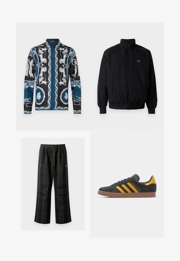 Chaqueta negra con cremallera y cuello alto, hecha de material ligero. Cuenta con puños y cinturilla elásticos, y un pequeño logo en la parte superior izquierda.; Camisa de manga larga con base negra y patrones detallados en plata y azul, que incluyen figuras y bordes decorativos. Cuello con botones.; Pantalones de cuadros negros con cintura elástica, dos bolsillos frontales y un ajuste holgado con diseño de pierna recta. Fabricados en material ligero.; Zapatillas de ante negro con acentos amarillos, que presentan tres franjas y una suela de goma marrón. Incluyen una lengüeta acolchada para mayor comodidad.