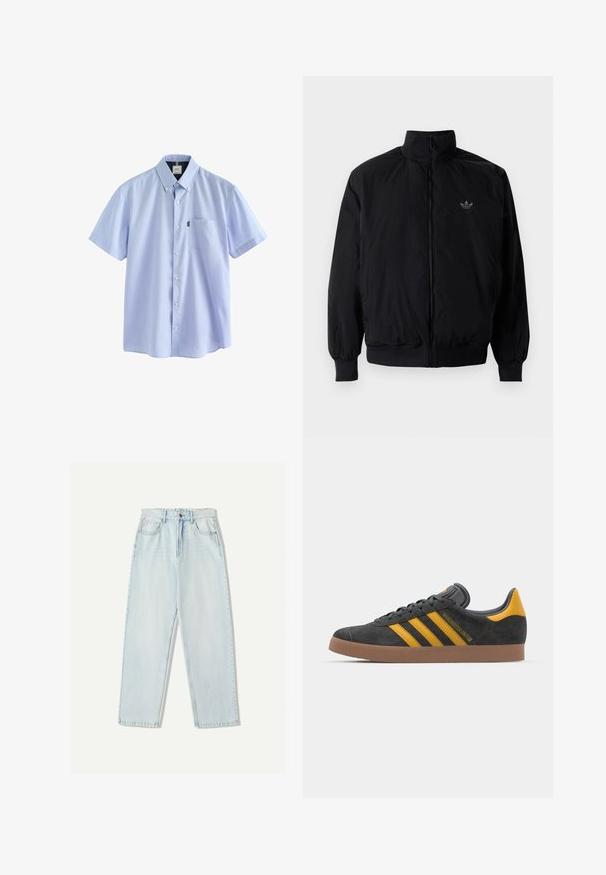 Musta vetoketjullinen takki, jossa on korkea kaulus, valmistettu kevyestä materiaalista. Varustettu joustavilla hihoilla ja vyötäröllä, ja ylävasemmalla on pieni logo.; Next BUTTON DOWN OXFORD SHORT SLEEVE - REGULAR FIT - Vapaa-ajan kauluspaita - pale blue; Vaaleansiniset farkut, joissa on rento istuvuus, suora lahje, viisi taskua ja hillitty haalistuminen kankaassa.; Mustat samettiset tennarit, joissa on keltaisia yksityiskohtia, kolmonen raita ja ruskea kumipohja. Sisältää pehmustetun kielisen mukavuutta varten.