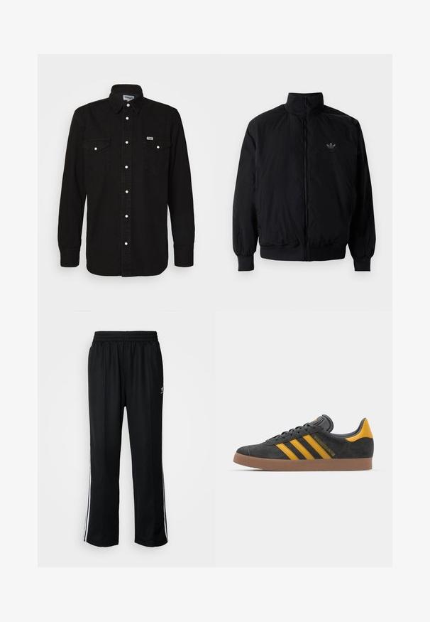 Čierna zips kombinéza s vysokým golierom, vyrobená z ľahkého materiálu. Obsahuje elastické manžety a pás, s malým logom na hornej ľavej strane.; Čierna košeľa na gombíky s špicatým golierom, dvoma náprsníkmi, bielymi patentkami a textúrovanou látkou. Logo Wrangler na ľavej strane hrudníka.; Čierne športové nohavice s elastickým pásom, s bielymi bočnými prúžkami a malým logom. Materiál vyzerá byť mäkký a ľahký.; Čierne semišové tenisky so žltými akcentmi, ktoré majú tri pruhy a hnedú gumovú podrážku. Obsahujú vypolstrovaný jazyk pre pohodlie.