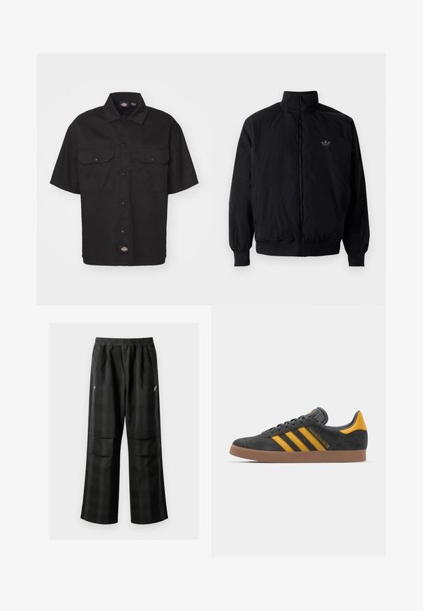Czarna kurtka zapinana na zamek z wysokim kołnierzem, wykonana z lekkiego materiału. Posiada elastyczne mankiety i pas, oraz małe logo na górnej lewej stronie.; Czarna koszula z krótkim rękawem, z zapięciem na guziki, dwoma kieszeniami na piersi i zaokrąglonym kołnierzykiem. Wykonana z trwałego materiału, z małym logo.; Czarne spodnie w kratę z elastycznym pasem, dwoma przednimi kieszeniami i luźnym krojem ze prostymi nogawkami. Wykonane z lekkiego materiału.; Czarne zamszowe sneakersy z żółtymi akcentami, z trzema paskami i brązową gumową podeszwą. Posiadają wyściełany język dla większego komfortu.