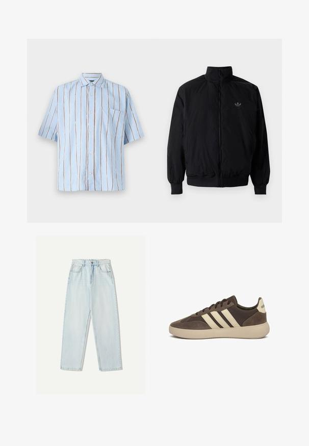 Schwarze Jacke mit Reißverschluss und hohem Kragen, aus leichtem Material gefertigt. Verfügt über elastische Bündchen und einen elastischen Saum, mit einem kleinen Logo oben links.; Himmelblaues Kurzarmhemd mit vertikalen weißen und braunen Streifen, ausgestattet mit einer Knopfleiste und einer Brusttasche.; Helle blaue Denim-Jeans mit lässiger Passform, geradem Beindesign, Fünf-Taschen-Stil und dezentem Verblassen des Stoffes.; Brauner Wildledersneaker mit drei weißen Streifen, abgerundetem Zehenbereich, dicker Gummisohle und minimaler Markenkennzeichnung an der Ferse.