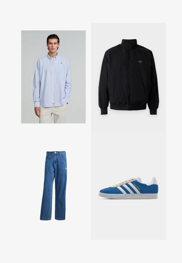 Schwarze Jacke mit Reißverschluss und hohem Kragen, aus leichtem Material gefertigt. Verfügt über elastische Bündchen und einen elastischen Saum, mit einem kleinen Logo oben links.; Hellblaue und weiße gestreifte Hemdbluse mit langen Ärmeln; verfügt über einen Kragen und ein kleines gesticktes Logo auf der Brust.; Blaue hohe, weite Jeans mit Fronttaschen, Gürtelschlaufen, Knopfverschluss und kleinem Adidas-Logo am rechten Oberschenkel.; adidas Originals ADIDAS GAZELLE SHOES - Indoor-Fußballschuhe - real madrid/bluebird/footwear white/crew yellow