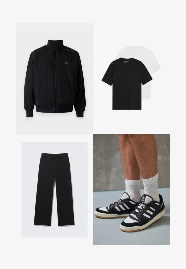 Crna jakna na zip s visokim ovratnikom, izrađena od laganog materijala. Ima elastične manžete i pojas, s malim logotipom na gornjem lijevom dijelu.; Dva majice, jedna crna i jedna bijela, s kratkim rukavima, okruglim izrezima i glatkom pamučnom teksturom. Vidljiva oznaka branda unutra.; Crne sweat hlače širokog kroja, izrađene od mekanog materijala. Imaju elastičnu traku u struku s vezicom i bočne džepove. Glatka tekstura.; Crne i bijele tenisice s gornjim dijelom od antilopa i kože, s tri bijele pruge, perforiranim prstom i gumiranim potplatom.