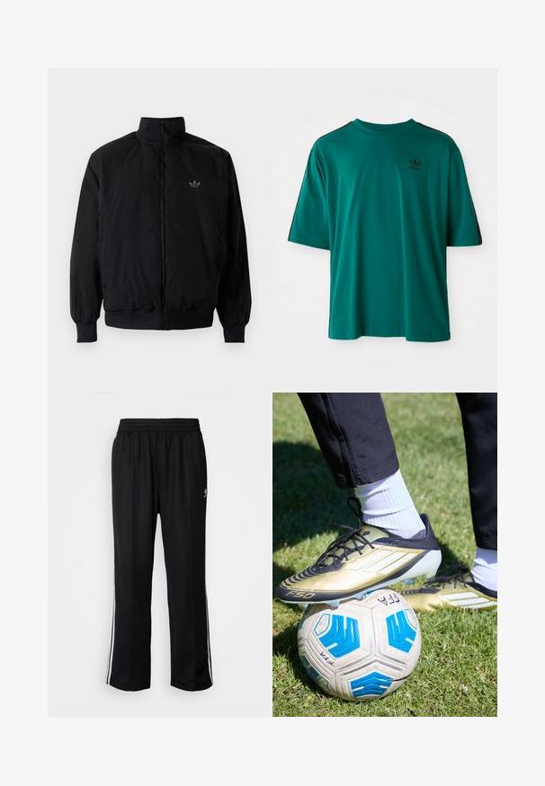 Black zipped jacket with high collar, made of lightweight material. Features elastic cuffs and waistband, with a small logo on the upper left.; Teal cotton t-shirt with short sleeves, round neckline, and black side stripes. Features a small black logo on the chest.; Black athletic pants with an elastic waistband, featuring white side stripes and a small logo. Material appears soft and lightweight.; adidas Performance F50 ELITE FG MESSI - Firm-ground football boots - gold metallic/footwear white/core black
