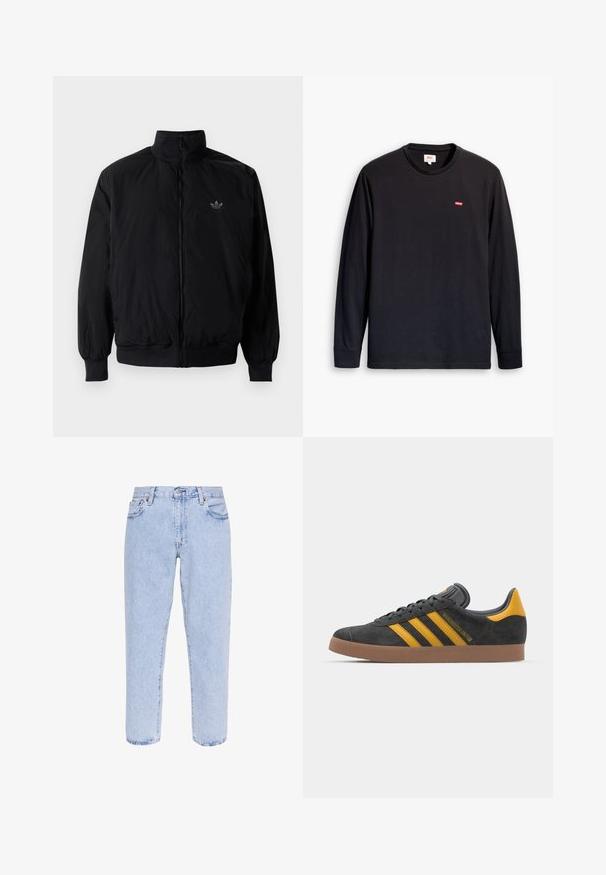 Černá zipová bunda s vysokým límcem, vyrobená z lehkého materiálu. Má elastické manžety a pas, s malým logem na horní levé straně.; Černé tričko s dlouhým rukávem vyrobené z bavlny. Má kulatý výstřih a malý červený logo na hrudi. Hladká textura, standardní střih.; Levi's® STAY LOOSE TAPER CROP - Džíny Relaxed Fit - royal stonewash; Černé semišové tenisky se žlutými akcenty, vybavené třemi pruhy a hnědou gumovou podrážkou. Obsahují polstrovaný jazyk pro pohodlí.