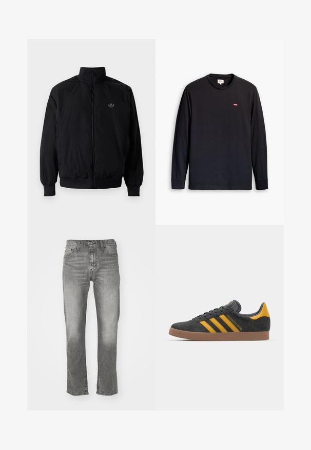 Černá zipová bunda s vysokým límcem, vyrobená z lehkého materiálu. Má elastické manžety a pas, s malým logem na horní levé straně.; Černé tričko s dlouhým rukávem vyrobené z bavlny. Má kulatý výstřih a malý červený logo na hrudi. Hladká textura, standardní střih.; Šedé denimové džíny se střihem rovného nohavice, vybavené zapínáním na knoflík, pěti kapsami a kontrastním šitím podél švů.; Černé semišové tenisky se žlutými akcenty, vybavené třemi pruhy a hnědou gumovou podrážkou. Obsahují polstrovaný jazyk pro pohodlí.