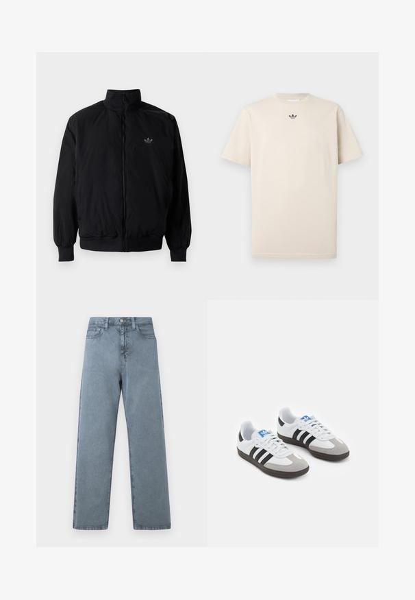 Čierna zips kombinéza s vysokým golierom, vyrobená z ľahkého materiálu. Obsahuje elastické manžety a pás, s malým logom na hornej ľavej strane.; Béžové bavlnené tričko s okrúhlym výstrihom, krátkymi rukávmi a malým tmavým logom na hrudi. Hladká textúra a voľný strih.; Svetlomodré džíny z denimu so strihom rovného nohu, piatimi vreckami, kovovým zapínaním a mierne vyblednutou textúrou.; Športové topánky s bielym koženým zvrškom, šedou semišovou špičkou a tromi čiernymi pruhmi. Obsahujú modré logo na jazyku a štruktúrovanú gumovú podrážku.