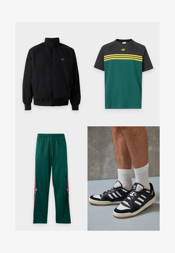 Musta vetoketjullinen takki, jossa on korkea kaulus, valmistettu kevyestä materiaalista. Varustettu joustavilla hihoilla ja vyötäröllä, ja ylävasemmalla on pieni logo.; Vihreä- ja mustavalkoinen lyhythihainen t-paita, jossa on keltaisia vaakaraitoja ja pieni logo rinnassa. Pyöreä pääntie.; Vihreät urheiluhousut, joissa on väljä malli, pinkit sivunauhat ja Adidas-logo alhaalla jalassa. Pehmeä kangas, joustava vyötärö.; Valkoiset ja mustat tennarit, joissa on mokkanahka- ja nahkapäällinen, kolme valkoista raitaa, rei'itetty kärki ja kumipohja.