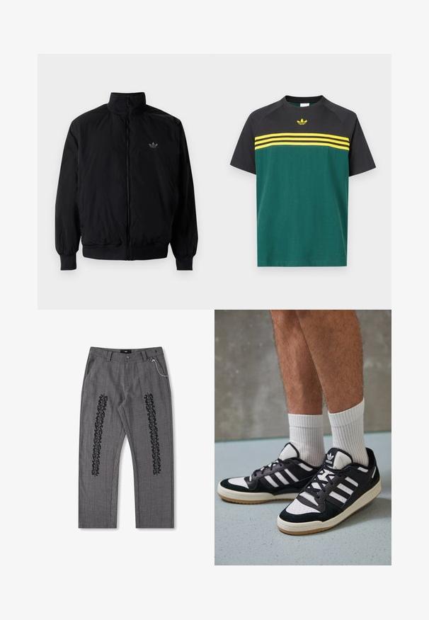 Zwarte geluiting jack met hoge kraag, gemaakt van lichtgewicht materiaal. Voorzien van elastische manchetten en tailleband, met een klein logo op de linkerbovenkant.; Korte mouw T-shirt van groene en zwarte katoen, met gele horizontale strepen en een klein logo op de borst. Ronde halslijn.; Grijze geruite broeken met zwarte tekstdetails langs de zijkanten, voorzien van een kettingaccent op de tailleband. Rechtingspijpen ontwerp, gemêleerd stof.; Zwart-witte sneakers met een bovenwerk van suede en leer, voorzien van drie witte strepen, een geperforeerde neus en een rubberen gumzool.