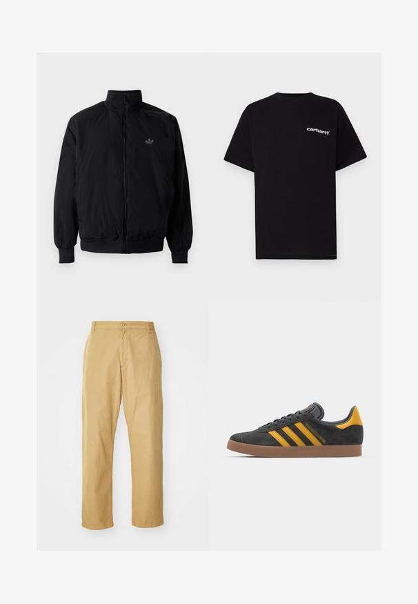 Sort lynlåsjakke med høj krave, fremstillet af letvægtsmateriale. Har elastiske manchetter og talje, med et lille logo på øverste venstre side.; Sort bomulds-T-shirt med korte ærmer, rund halsudskæring og hvidt "Carhartt"-logo på venstre bryst. Glat tekstur, minimalistisk design.; Khaki chinos lavet af letvægtsstof med et lige ben-design, der har en frontknaplukning og sidelommer.; Sort suedet sneaker med gule accenter, der har tre striber og en brun gummisål. Inkluderer en polstret tunge for komfort.