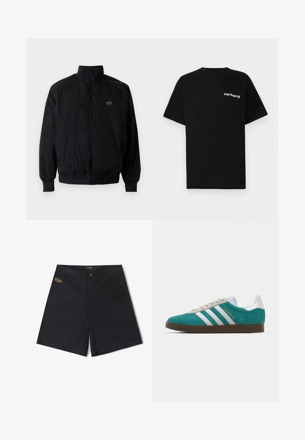 Black zipped jacket with high collar, made of lightweight material. Features elastic cuffs and waistband, with a small logo on the upper left.; Black cotton t-shirt with short sleeves, crew neckline, and white "Carhartt" logo on the left chest. Smooth texture, minimal design.; Black cotton shorts featuring a front button closure, side pockets, and a small yellow fish logo on the left pocket.; adidas Originals ADIDAS GAZELLE SHOES - Indoor football boots - liverpool fc/sea green/footwear white