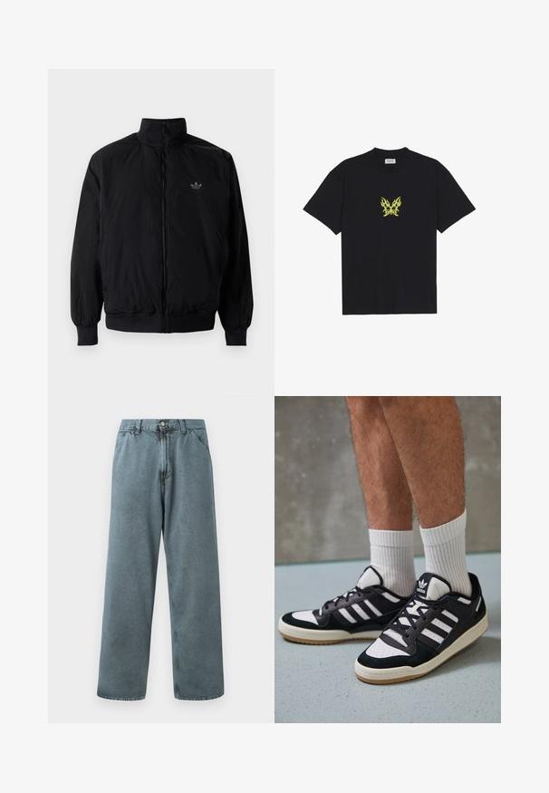 Black zipped jacket with high collar, made of lightweight material. Features elastic cuffs and waistband, with a small logo on the upper left.; Black cotton t-shirt featuring a small, yellow flame-patterned butterfly graphic on the chest. Crew neckline, short sleeves.; Light blue denim trousers with a straight-leg fit, featuring a classic button closure and five-pocket design. Soft texture and minimal stitching details.; Black and white sneakers with a suede and leather upper, featuring three white stripes, a perforated toe, and a gum rubber sole.