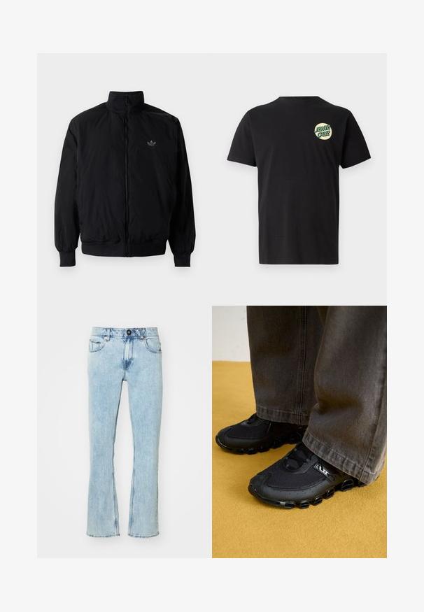 Giacca nera con zip e colletto alto, realizzata in materiale leggero. Presenta polsini e vita elastici, con un piccolo logo in alto a sinistra.; T-shirt di cotone nero con maniche corte, caratterizzata da un design grafico circolare verde e giallo con il testo "SANTA CRUZ" sul lato sinistro del petto.; Jeans azzurri chiari a vita alta realizzati in denim, con gamba dritta, cinque tasche e chiusura frontale con bottone. Presenti dettagli sbiaditi.; Scarpe da ginnastica nere con tomaia in rete, suola curvata e caratteristiche accentuate e arrotondate. Abbinato a pantaloni scuri e larghi.