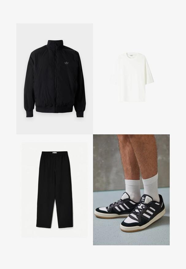 Crna jakna na zip s visokim ovratnikom, izrađena od laganog materijala. Ima elastične manžete i pojas, s malim logotipom na gornjem lijevom dijelu.; Bijela majica kratkih rukava od pamuka, s okruglim izrezom i ležernim krojem te ravnim rubom.; Crne hlače širokih nogavica izrađene od laganog materijala. Imaju elastičnu traku u struku i glatku teksturu. Nema vidljivih uzoraka niti hardvera.; Crne i bijele tenisice s gornjim dijelom od antilopa i kože, s tri bijele pruge, perforiranim prstom i gumiranim potplatom.