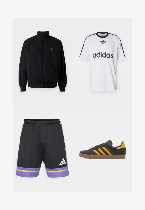 Musta vetoketjullinen takki, jossa on korkea kaulus, valmistettu kevyestä materiaalista. Varustettu joustavilla hihoilla ja vyötäröllä, ja ylävasemmalla on pieni logo.; Valkoinen Adidas-paita, jossa on mustia yksityiskohtia, pyöreä kaula-aukko ja suuri musta logo edessä. Lyhyet hihat, joissa on mustat raidat. Teksturoitu kangas.; Musta urheilushortsit, joissa on purppura- ja vihreäraita helmaan, elastinen vyötärö ja valkoinen Adidas-logo.; Mustat samettiset tennarit, joissa on keltaisia yksityiskohtia, kolmonen raita ja ruskea kumipohja. Sisältää pehmustetun kielisen mukavuutta varten.
