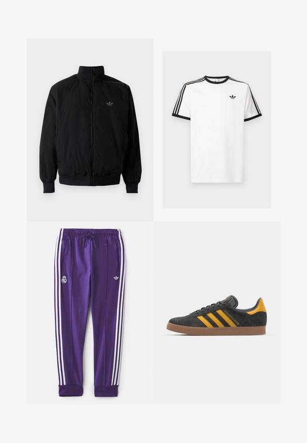 Schwarze Jacke mit Reißverschluss und hohem Kragen, aus leichtem Material gefertigt. Verfügt über elastische Bündchen und einen elastischen Saum, mit einem kleinen Logo oben links.; Weißes Baumwoll-T-Shirt mit schwarzem Rippenkragen und Ärmeln, mit drei schwarzen Streifen auf jeder Schulter und einem kleinen Logo auf der Brust.; Lila Sporthosen mit weißen Seiteneinsätzen, elastischem Bund, Kordelzug, Reißverschlusstaschen und zwei Logos: Real Madrid und Adidas.; Schwarze Wildledersneaker mit gelben Akzenten, ausgestattet mit drei Streifen und einer braunen Gummisohle. Enthält eine gepolsterte Zunge für zusätzlichen Komfort.
