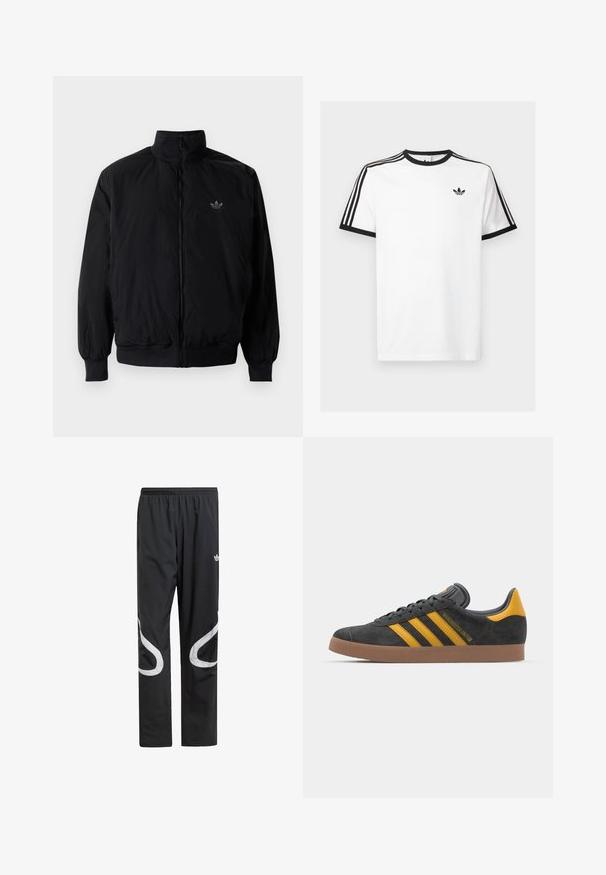 Čierna zips kombinéza s vysokým golierom, vyrobená z ľahkého materiálu. Obsahuje elastické manžety a pás, s malým logom na hornej ľavej strane.; Biela bavlnená tričko s čiernym žebrovaným výstrihom a rukávmi, s tromi čiernymi pruhmi na každom pleci a malým logom na hrudi.; Čierne športové nohavice s elastickým pásom, s veľkými bielymi zakrivenými akcentmi po stranách a malým logom na hornej strane stehna.; Čierne semišové tenisky so žltými akcentmi, ktoré majú tri pruhy a hnedú gumovú podrážku. Obsahujú vypolstrovaný jazyk pre pohodlie.