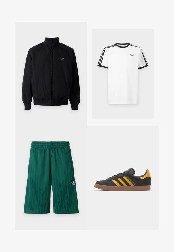 Svart zipjacka med hög krage, tillverkad av lätt material. Har elastiska cuffar och midja, med en liten logo på övre vänster.; Vit bomullströja med svart ribbad halsringning och ärmar, med tre svarta ränder på varje axel och en liten logotyp på bröstet.; Gröna träningsshorts med vertikala ränder, elastisk midja och en liten vit logotyp på nedre högra sidan. Gjorda av lätt material.; Svart mockaskor med gula accenter, med tre ränder och en brun gummisula. Inkluderar en vadderad tunga för extra komfort.