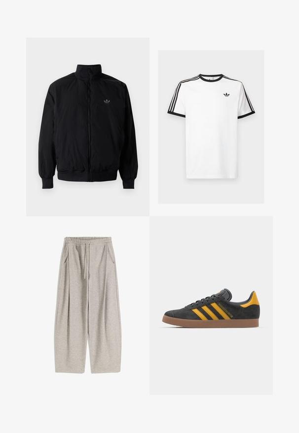 Schwarze Jacke mit Reißverschluss und hohem Kragen, aus leichtem Material gefertigt. Verfügt über elastische Bündchen und einen elastischen Saum, mit einem kleinen Logo oben links.; Weißes Baumwoll-T-Shirt mit schwarzem Rippenkragen und Ärmeln, mit drei schwarzen Streifen auf jeder Schulter und einem kleinen Logo auf der Brust.; Hellgraue Jogginghose mit elastischem Bund, verstellbarem Kordelzug, zwei Seitentaschen und weit auslaufenden Beinen. Weiche Textur, gefältetes Design.; Schwarze Wildledersneaker mit gelben Akzenten, ausgestattet mit drei Streifen und einer braunen Gummisohle. Enthält eine gepolsterte Zunge für zusätzlichen Komfort.