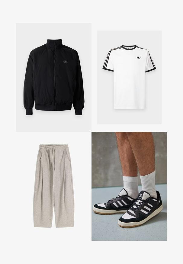 Zwarte geluiting jack met hoge kraag, gemaakt van lichtgewicht materiaal. Voorzien van elastische manchetten en tailleband, met een klein logo op de linkerbovenkant.; Witte katoenen t-shirt met zwart geribde halslijn en mouwen, met drie zwarte strepen op elke schouder en een klein logo op de borst.; Lichtgrijze sweatpants met een elastische tailleband, verstelbare trekkoord, twee zijzakken en losse, uitlopende benen. Zachte textuur, geplooid ontwerp.; Zwart-witte sneakers met een bovenwerk van suede en leer, voorzien van drie witte strepen, een geperforeerde neus en een rubberen gumzool.