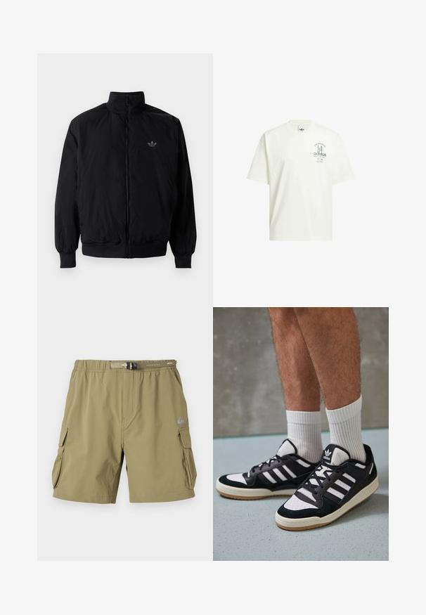 Black zipped jacket with high collar, made of lightweight material. Features elastic cuffs and waistband, with a small logo on the upper left.; White cotton t-shirt featuring a round neck, short sleeves, and a graphic print with "Adidas" and "Los Angeles" in green.; Khaki cargo shorts with elastic waistband, side pockets, and a front buckle closure. Made from lightweight, textured fabric.; Black and white sneakers with a suede and leather upper, featuring three white stripes, a perforated toe, and a gum rubber sole.