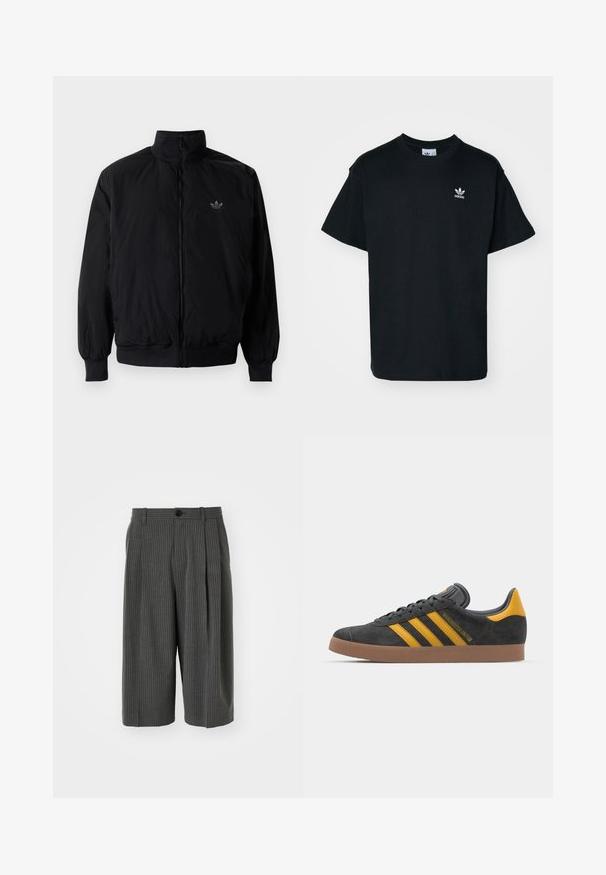 Black zipped jacket with high collar, made of lightweight material. Features elastic cuffs and waistband, with a small logo on the upper left.; Black cotton t-shirt with a crew neck and short sleeves, featuring a small white Adidas logo on the left chest area.; Gray pinstriped wide-leg shorts with a button closure and pleated front. Made from a textured fabric, featuring a tailored design.; Black suede sneaker with yellow accents, featuring three stripes and a brown rubber sole. Includes a padded tongue for comfort.