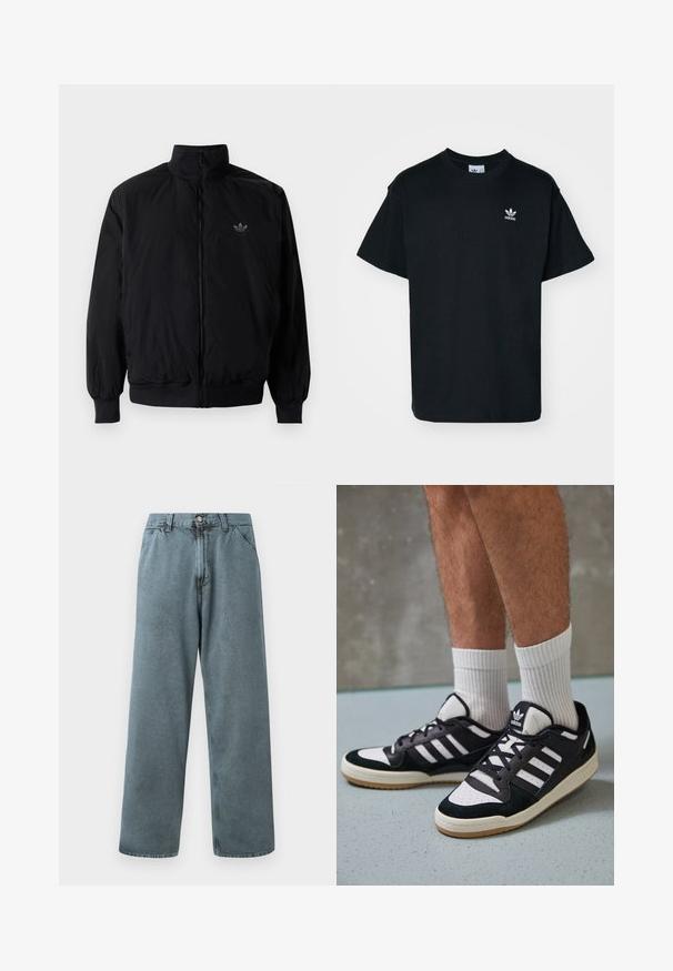Čierna zips kombinéza s vysokým golierom, vyrobená z ľahkého materiálu. Obsahuje elastické manžety a pás, s malým logom na hornej ľavej strane.; Čierne bavlnené tričko s okrúhlym výstrihom a krátkymi rukávmi, s malým bielym logom Adidas na ľavej strane hrude.; Svetlomodré džínsy s rovnými nohavicami, majú klasické zapínanie na gombík a dizajn s piatimi vreckami. Mäkká textúra a minimálne švy.; Čierno-biele tenisky s vrchom z semišu a kože, s troma bielymi pruhmi, perforovanou špičkou a gumovou podrážkou.