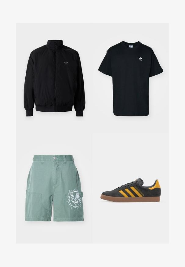Crna jakna na zip s visokim ovratnikom, izrađena od laganog materijala. Ima elastične manžete i pojas, s malim logotipom na gornjem lijevom dijelu.; Crna pamučna majica s kratkim rukavima i okruglim izrezom, s malim bijelim Adidas logotipom s lijeve strane na prsima.; Zelena pamučna kratka hlače s opuštenim krojem, s dva prednja džepa i bijelim grafičkim motivom sunca na desnoj nozi. Jednostavan rub, bez uzoraka.; Crne nubuk tenisice s žutim detaljima, sa tri pruge i smešnim gumenim potplatom. Imaju jastučić na jeziku za udobnost.