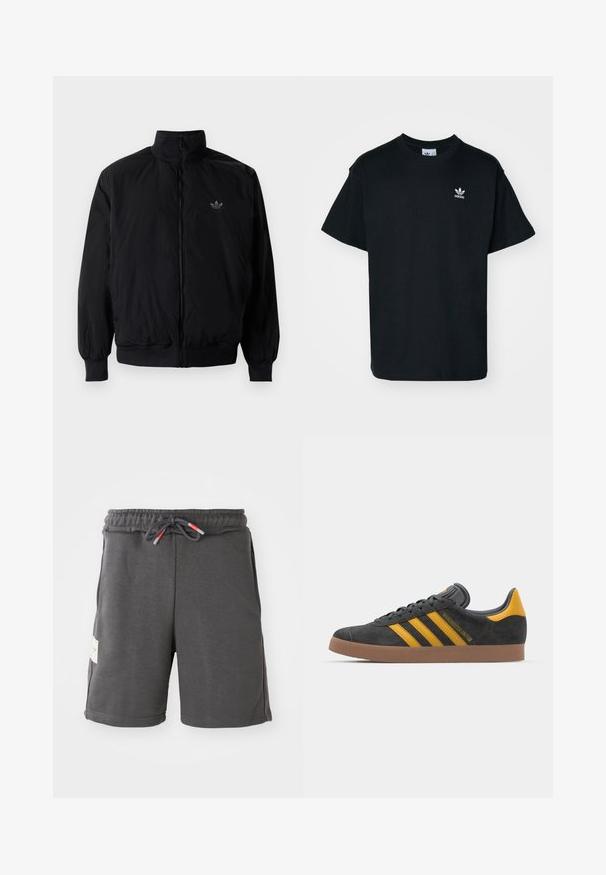 Černá zipová bunda s vysokým límcem, vyrobená z lehkého materiálu. Má elastické manžety a pas, s malým logem na horní levé straně.; Černé bavlněné tričko s kulatým výstřihem a krátkým rukávem, s malým bílým logem Adidas na levé části hrudi.; Šedé sportovní šortky s elastickým pasem a šňůrkou na stažení. Mají boční kapsy a textilní štítek na levé straně. Lehký materiál.; Černé semišové tenisky se žlutými akcenty, vybavené třemi pruhy a hnědou gumovou podrážkou. Obsahují polstrovaný jazyk pro pohodlí.