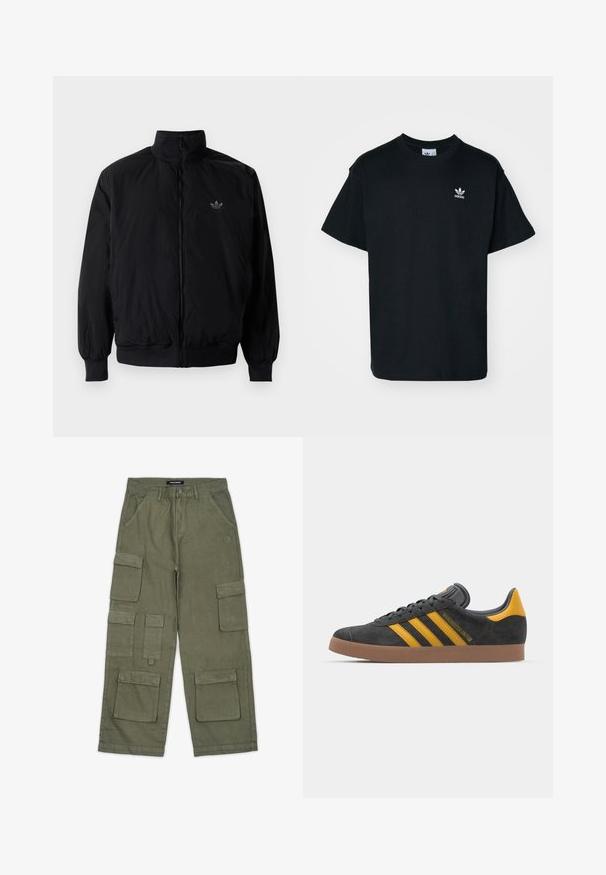 Čierna zips kombinéza s vysokým golierom, vyrobená z ľahkého materiálu. Obsahuje elastické manžety a pás, s malým logom na hornej ľavej strane.; Čierne bavlnené tričko s okrúhlym výstrihom a krátkymi rukávmi, s malým bielym logom Adidas na ľavej strane hrude.; Olivové cargo nohavice vyrobené z mäkkej tkaniny s viacerými vreckami, rovný strih a prešité detaily. Logo značky na páse.; Čierne semišové tenisky so žltými akcentmi, ktoré majú tri pruhy a hnedú gumovú podrážku. Obsahujú vypolstrovaný jazyk pre pohodlie.