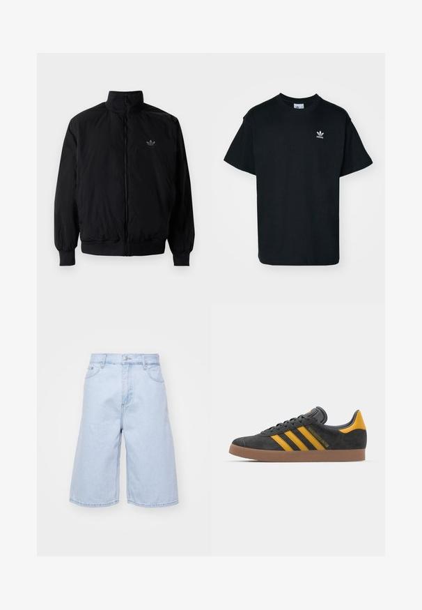 Zwarte geluiting jack met hoge kraag, gemaakt van lichtgewicht materiaal. Voorzien van elastische manchetten en tailleband, met een klein logo op de linkerbovenkant.; Zwarte katoenen t-shirt met een ronde hals en korte mouwen, voorzien van een klein wit Adidas-logo op de linkerborst.; Lichtblauwe denim shorts met een losse pasvorm, met een hoge taille, vijf zakken en een ritssluiting. Schone randen met minimale vervaging.; Zwarte suède sneakers met gele accenten, voorzien van drie strepen en een bruine rubberen zool. Inclusief een gevoerde tong voor comfort.