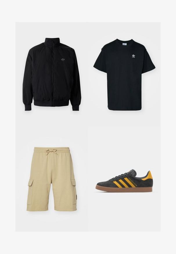 Crna jakna na zip s visokim ovratnikom, izrađena od laganog materijala. Ima elastične manžete i pojas, s malim logotipom na gornjem lijevom dijelu.; Crna pamučna majica s kratkim rukavima i okruglim izrezom, s malim bijelim Adidas logotipom s lijeve strane na prsima.; Bež pamukove cargo kratke hlače s elastičnim pojasom, vezicom i bočnim džepovima. Glatka tekstura i dizajn do koljena.; Crne nubuk tenisice s žutim detaljima, sa tri pruge i smešnim gumenim potplatom. Imaju jastučić na jeziku za udobnost.