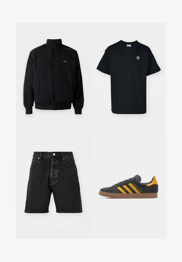 Czarna kurtka zapinana na zamek z wysokim kołnierzem, wykonana z lekkiego materiału. Posiada elastyczne mankiety i pas, oraz małe logo na górnej lewej stronie.; Czarna bawełniana koszulka z okrągłym dekoltem i krótkimi rękawami, z małym białym logo Adidas na lewej stronie klatki piersiowej.; Czarne szorty dżinsowe z wysokim stanem, pięcioma kieszeniami, miedzianymi guzikami i surowym wykończeniem. Materiał ma delikatną teksturę oraz efekt blaknięcia.; Czarne zamszowe sneakersy z żółtymi akcentami, z trzema paskami i brązową gumową podeszwą. Posiadają wyściełany język dla większego komfortu.