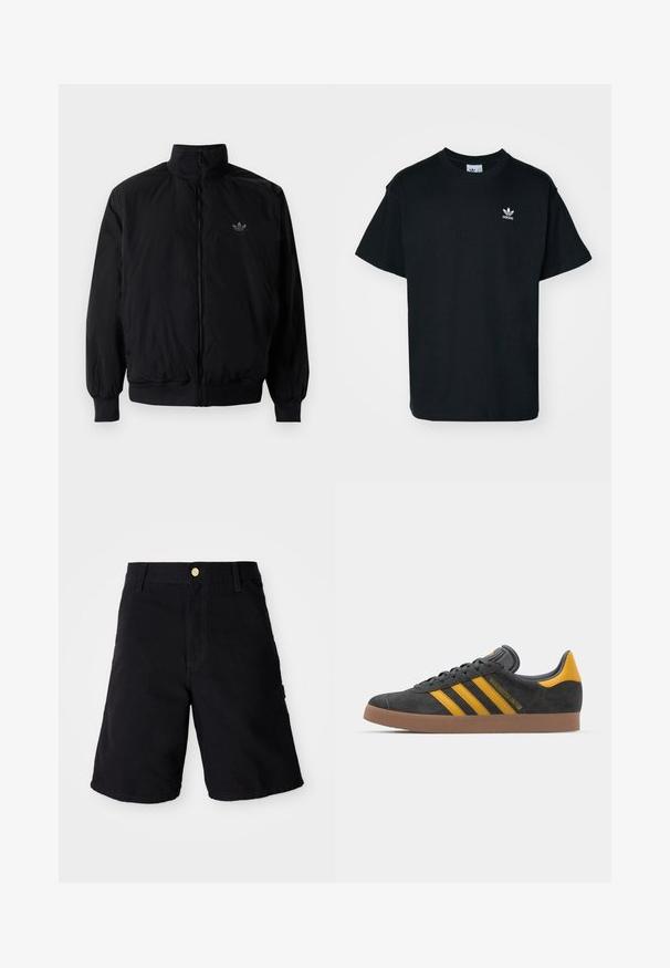 Black zipped jacket with high collar, made of lightweight material. Features elastic cuffs and waistband, with a small logo on the upper left.; Black cotton t-shirt with a crew neck and short sleeves, featuring a small white Adidas logo on the left chest area.; Black denim shorts with a button closure, featuring a straight cut, side pockets, and reinforced stitching for durability.; Black suede sneaker with yellow accents, featuring three stripes and a brown rubber sole. Includes a padded tongue for comfort.