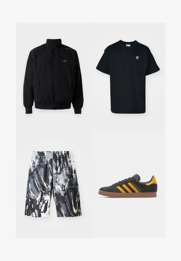 Crna jakna na zip s visokim ovratnikom, izrađena od laganog materijala. Ima elastične manžete i pojas, s malim logotipom na gornjem lijevom dijelu.; Crna pamučna majica s kratkim rukavima i okruglim izrezom, s malim bijelim Adidas logotipom s lijeve strane na prsima.; Crne i sivo uzorke sportske kratke hlače s rastezljivim pojasom, s digitalnim apstraktnim dizajnom i malim neon akcentom.; Crne nubuk tenisice s žutim detaljima, sa tri pruge i smešnim gumenim potplatom. Imaju jastučić na jeziku za udobnost.