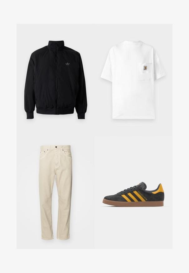 Czarna kurtka zapinana na zamek z wysokim kołnierzem, wykonana z lekkiego materiału. Posiada elastyczne mankiety i pas, oraz małe logo na górnej lewej stronie.; Biała bawełniana koszulka z okrągłym dekoltem, krótkimi rękawami i kieszonką na piersi z naszywką logo. Minimalistyczny design i gładka tekstura.; Beżowe, bawełniane spodnie o prostym kroju, z pięcioma kieszeniami i metalowymi akcentami. Gładka tekstura z minimalną ilością szwów.; Czarne zamszowe sneakersy z żółtymi akcentami, z trzema paskami i brązową gumową podeszwą. Posiadają wyściełany język dla większego komfortu.