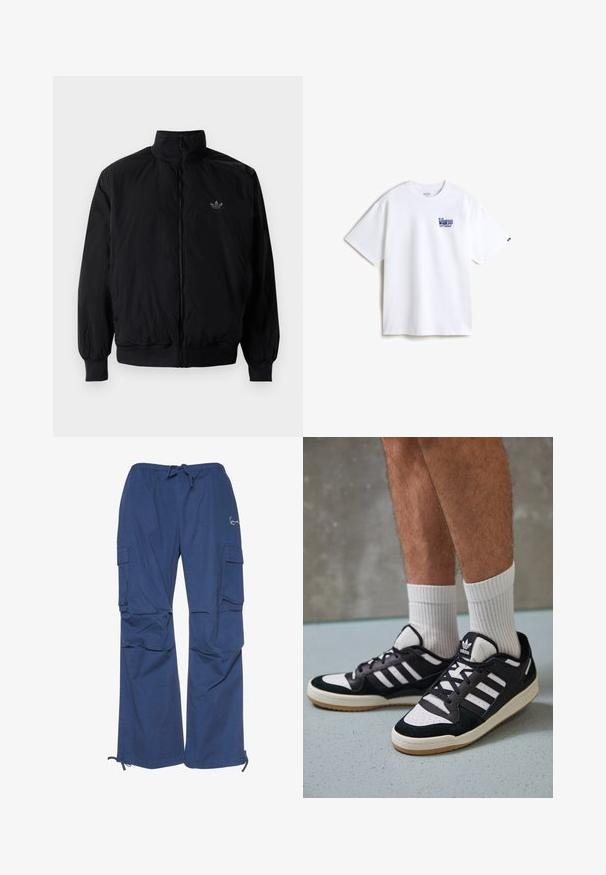 Svart zipjacka med hög krage, tillverkad av lätt material. Har elastiska cuffar och midja, med en liten logo på övre vänster.; Vit bomull t-shirt med en blå broderad logotyp på vänster bröst. Klassisk rund halsringning, korta ärmar och en avslappnad passform.; Blå cargobyxor i bomull med snörning i midjan, två sidofickor och en lös passform med muddar vid anklarna.; Svartvita sneakers med ovandel i mocka och läder, med tre vita ränder, perforerad tå och sula av gummigummi.
