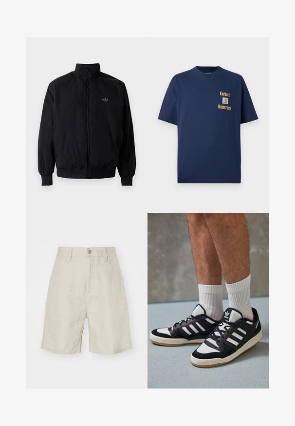 Zwarte geluiting jack met hoge kraag, gemaakt van lichtgewicht materiaal. Voorzien van elastische manchetten en tailleband, met een klein logo op de linkerbovenkant.; Marineblauwe katoenen T-shirt met korte mouwen, voorzien van gouden tekst "Carhartt University" en een logo-label op de linkerborst.; Linnen shorts in lichtbeige, met een hoge taille, knoopsluiting en zijzakken. Gladde textuur met een relaxte pasvorm.; Zwart-witte sneakers met een bovenwerk van suede en leer, voorzien van drie witte strepen, een geperforeerde neus en een rubberen gumzool.