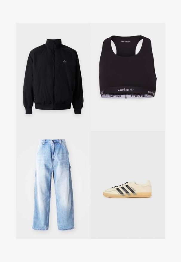 Čierna zips kombinéza s vysokým golierom, vyrobená z ľahkého materiálu. Obsahuje elastické manžety a pás, s malým logom na hornej ľavej strane.; Čierny športový podprsenka s okrúhlym výstrihom a dizajnom so závodným chrbtom. Obsahuje zosilnený pás s bielym brandingom "Carhartt". Mäkka textúra látky.; Svetlomodré denimové nohavice so širokými nohavicami a vysokým pásom, s predným zapínaním na gombík, pútkami na opasok a jemne vyblednutými škvrnami na látke.; Svetlo krémové tenisky s čiernym trojprúžkom, textúrovaným vrchom, okrúhlou špičkou a gumovou podrážkou. Obsahujú šnúrky a branding na boku.