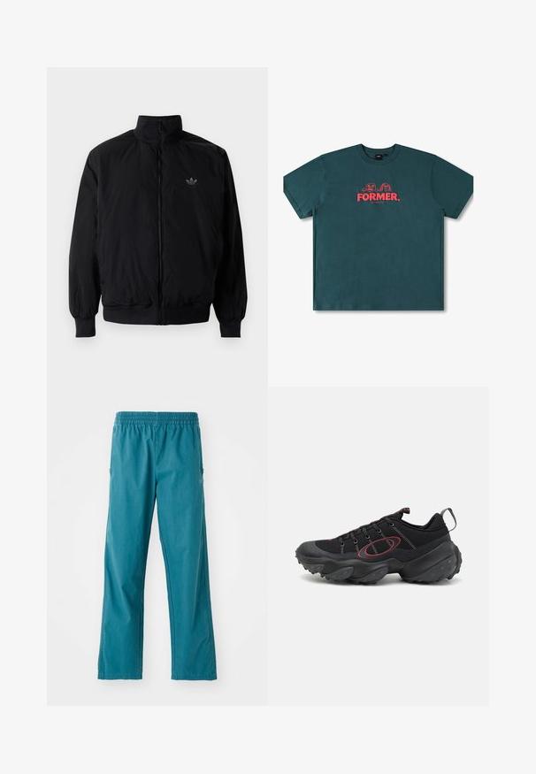 Giacca nera con zip e colletto alto, realizzata in materiale leggero. Presenta polsini e vita elastici, con un piccolo logo in alto a sinistra.; T-shirt in cotone teal con maniche corte, colletto girocollo e una grafica centrale con il testo "FORMER." e personaggi giocosi in rosso.; Pantaloni color teal realizzati in tessuto leggero, dotati di una cintura elastica e di una vestibilità dritta con tasche laterali.; Scarpe da ginnastica nere con un upper in mesh testurizzato, dettagli rossi a contrasto e una suola in gomma spessa con grippature tonde.