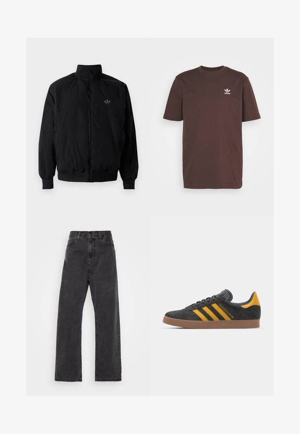 Czarna kurtka zapinana na zamek z wysokim kołnierzem, wykonana z lekkiego materiału. Posiada elastyczne mankiety i pas, oraz małe logo na górnej lewej stronie.; adidas Originals - T-shirt z nadrukiem; Czarne dżinsy typu denim z prostymi nogawkami, wysokim stanem i klasycznym pięciopocketowym wzorem. Posiadają czyste wykończenie i trwałe szwy.; Czarne zamszowe sneakersy z żółtymi akcentami, z trzema paskami i brązową gumową podeszwą. Posiadają wyściełany język dla większego komfortu.