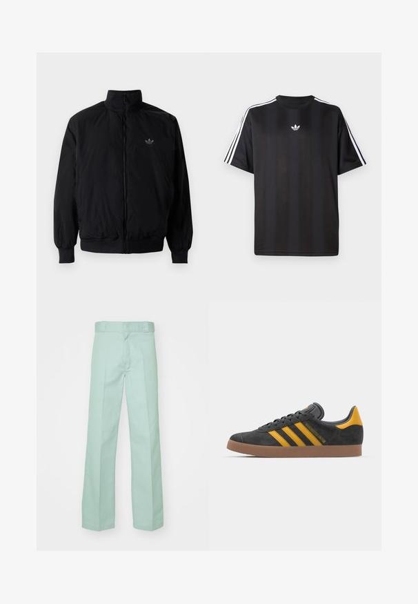 Crna jakna na zip s visokim ovratnikom, izrađena od laganog materijala. Ima elastične manžete i pojas, s malim logotipom na gornjem lijevom dijelu.; Crna majica kratkih rukava s bijelim trostrukim detaljima na ramenima i malim bijelim logotipom na prsima. Glatka tekstura tkanine.; Svijetlozelene hlače od pamuka s ravnim krojem, koje imaju glatku teksturu i standardni struk s petljama za remen.; Crne nubuk tenisice s žutim detaljima, sa tri pruge i smešnim gumenim potplatom. Imaju jastučić na jeziku za udobnost.