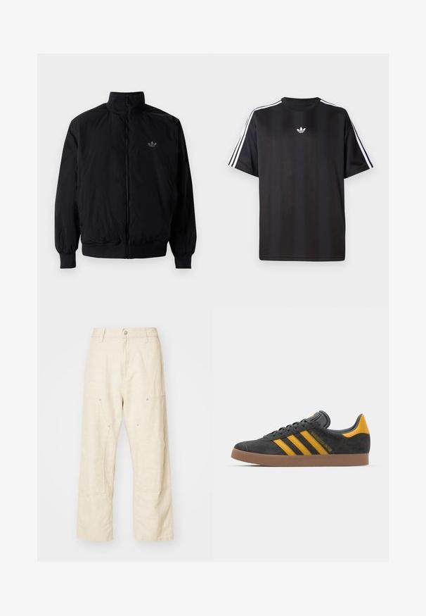 Chaqueta negra con cremallera y cuello alto, hecha de material ligero. Cuenta con puños y cinturilla elásticos, y un pequeño logo en la parte superior izquierda.; Camiseta negra de manga corta con detalles de tres rayas blancas en los hombros y un pequeño logo blanco en el pecho. Textura de tela suave.; Pantalones de lino de pierna ancha en beige claro, con bolsillos frontales, cierre de botón y detalles de costura visibles para un toque adicional de textura.; Zapatillas de ante negro con acentos amarillos, que presentan tres franjas y una suela de goma marrón. Incluyen una lengüeta acolchada para mayor comodidad.