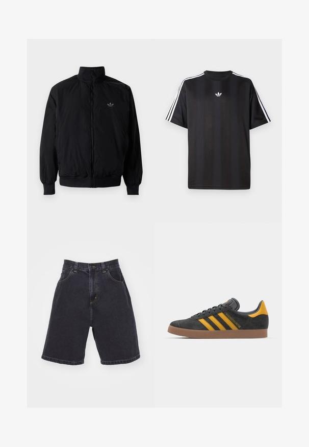 Chaqueta negra con cremallera y cuello alto, hecha de material ligero. Cuenta con puños y cinturilla elásticos, y un pequeño logo en la parte superior izquierda.; Camiseta negra de manga corta con detalles de tres rayas blancas en los hombros y un pequeño logo blanco en el pecho. Textura de tela suave.; Shorts de mezclilla oscura con cintura alta, que cuentan con dos bolsillos frontales, costuras amarillas en contraste y un corte recto con un acabado doblado.; Zapatillas de ante negro con acentos amarillos, que presentan tres franjas y una suela de goma marrón. Incluyen una lengüeta acolchada para mayor comodidad.