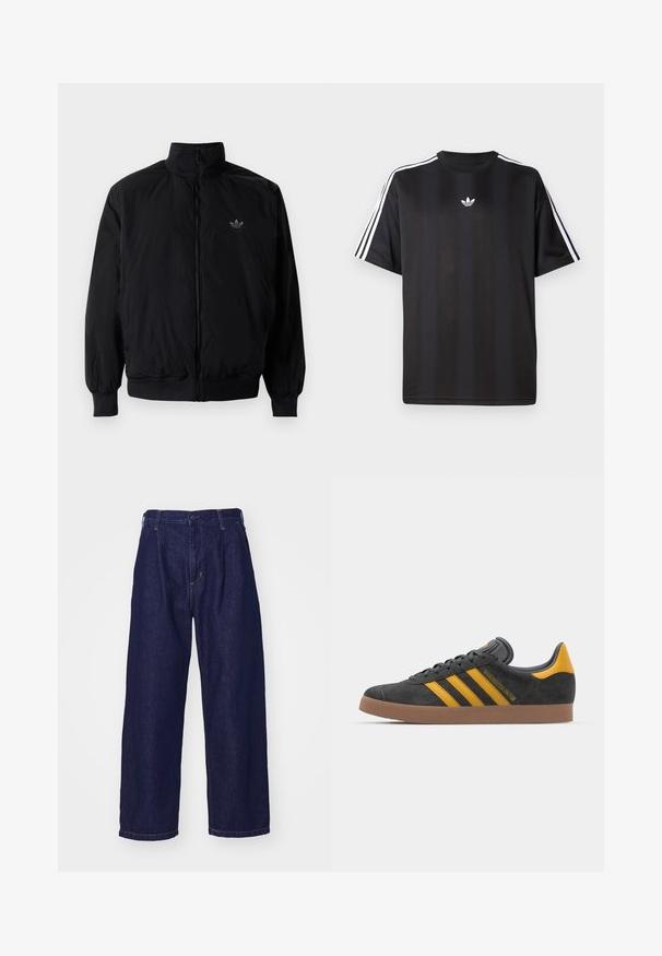 Čierna zips kombinéza s vysokým golierom, vyrobená z ľahkého materiálu. Obsahuje elastické manžety a pás, s malým logom na hornej ľavej strane.; Čierne tričko s krátkym rukávom a bielymi trojpruhmi na pleciach a malým bielym logom na hrudi. Hladká textúra látky.; Tmavomodré džínsy, široký strih, vysoký pás, s uzatváraním na gombík a klasickým piatym vreckom. Hladká textúra, jemné švy.; Čierne semišové tenisky so žltými akcentmi, ktoré majú tri pruhy a hnedú gumovú podrážku. Obsahujú vypolstrovaný jazyk pre pohodlie.
