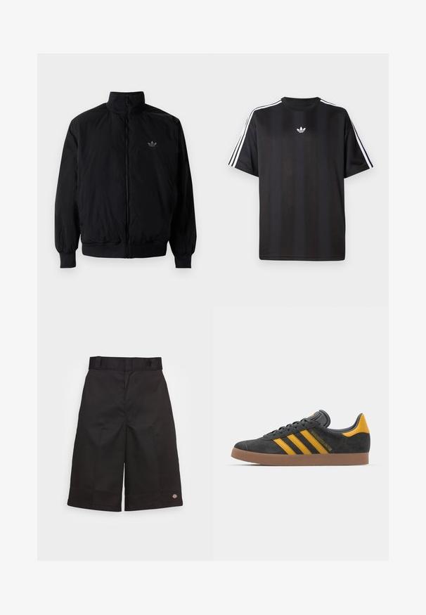 Black zipped jacket with high collar, made of lightweight material. Features elastic cuffs and waistband, with a small logo on the upper left.; Black short-sleeve t-shirt with white three-stripe detailing on shoulders and a small white logo on the chest. Smooth fabric texture.; Black cotton shorts with a straight cut, knee-length, featuring a visible brand logo on the hem and a smooth texture.; Black suede sneaker with yellow accents, featuring three stripes and a brown rubber sole. Includes a padded tongue for comfort.
